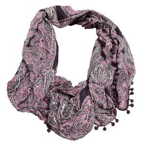 Ann Taylor Bohemian Paisley Print Infinity Scarf With Pom Pom Trim - Pink & Blac